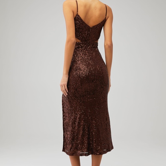 Saylor Harmonie sequin midi brown cocktail dress cutout adjustable strap slit M - Picture 3 of 7